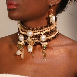 Bohemian Multi Layer Choker Necklace And Earrings Faux Artificial Pearl Wood Crystal Beads Alloy Ethnic Jewelry For Women