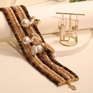 Bohemian multi-layer faux pearl and wooden bead jewelry set with earrings