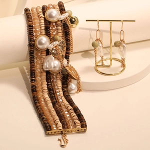 Bohemian multi-layer faux pearl beaded bracelet and dangling earrings jewelry set