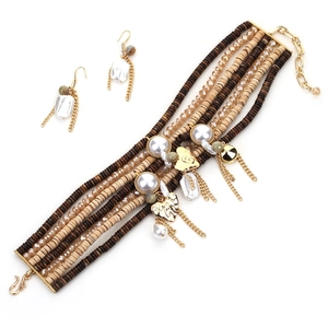 Bohemian multi-layer beaded bracelet and fringe earring set with imitation pearls