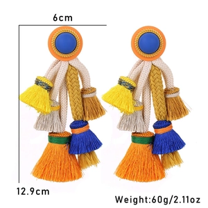 Detailed view of bohemian tassel earrings showing 12.9cm height and 6cm width dimensions