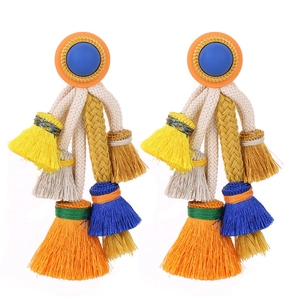 Bohemian style tassel earrings featuring vibrant multicolor silk threads and resin studs