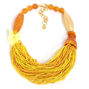 Bohemian multi-layered beaded rice bead necklace in bright yellow and orange tones