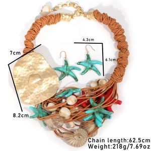 Detailed view of bohemian starfish shell necklace and earrings with size measurements