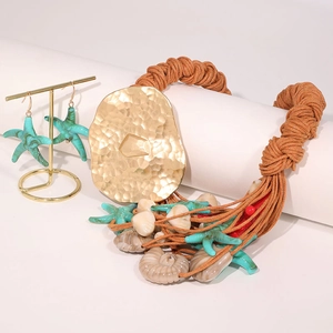 Nautical starfish and shell statement necklace set with woven cord for beach vacations