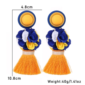 Detail view of handmade tassel earrings showing 10.8cm length and colorful bohemian style