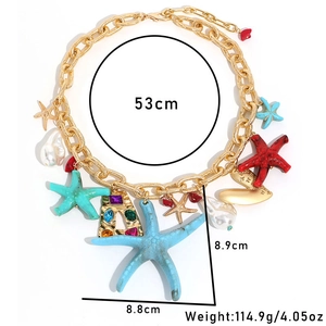 Summer gold chunky chain necklace with pearl, starfish and colorful letter pendants