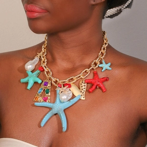 Starfish Pendant Necklace Gold Chunky Chain With Faux Artificial Pearls Colorful Rhinestones Summer Beach Statement Jewelry For Women