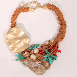 Detailed view of bohemian starfish shell necklace with turquoise charms and woven cord