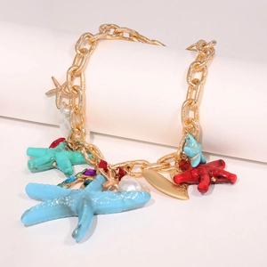 Summer gold chunky chain necklace with colorful starfish pendants and white pearls