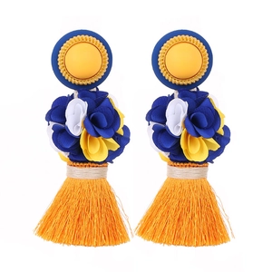 Handmade oversized long tassel earrings with blue fabric flowers and yellow silk fringe