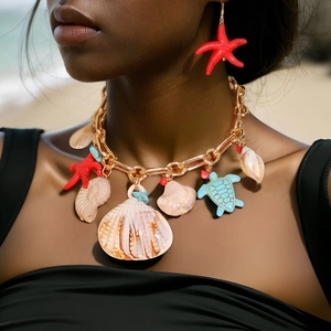 Starfish shell necklace and earring set on a model with a beach background during summer