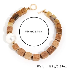 Handmade wooden bead necklace with brown cubes, resin beads and white pearl, 57cm long