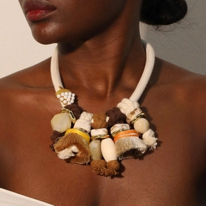 Bohemian Tassel Statement Necklace With Woven Polyester Rope Resin Beads And Alloy Acorn Pendant For Women Ethnic Style