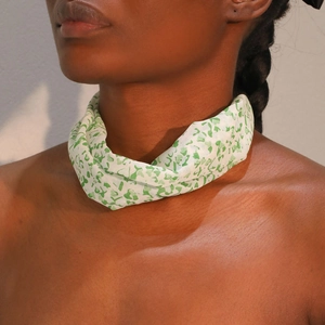 Bohemian floral fabric choker necklace with green heart print on white silk material