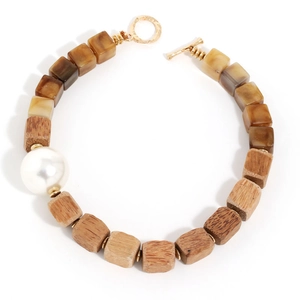 Bohemian beaded necklace with wood cubes, amber resin beads, large pearl and golden toggle