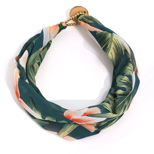 Bohemian silk printed scarf necklace with tropical green leaves and golden beads