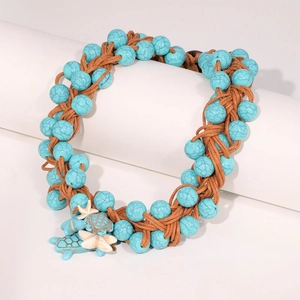 Handmade woven turquoise sea turtle necklace with starfish charms for summer beach vacations