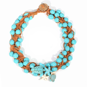 Handmade turquoise turtle and starfish woven necklace for beach vacation jewelry