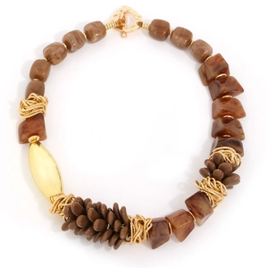 Bohemian beaded necklace with brown resin beads, gold accents and pinecone pendants