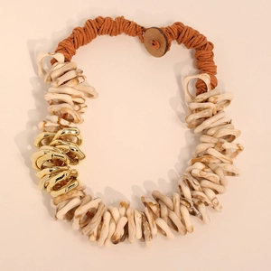Handmade chunky necklace with marble resin rings and woven cord with wooden button
