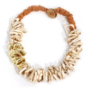 Bohemian handmade braided necklace with cream shell resin links and gold metal accents