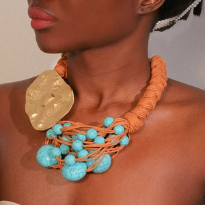Statement Necklace Bohemian Ethnic Hammered Alloy Metal Plate Faux Turquoise Beaded Braided Rope Hand Woven Irregular For Women