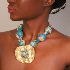Bohemian Large Pendant Necklace With Alloy Hammered Flower And Faux Artificial Pearl Ethnic Printed Fabric Wrapped Beads For Women