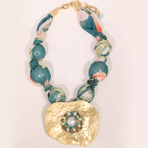 Bohemian oversized floral fabric beaded necklace with hammered metal faux pearl pendant