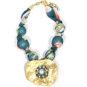 Bohemian oversized fabric floral print necklace with large irregular metal pearl pendant