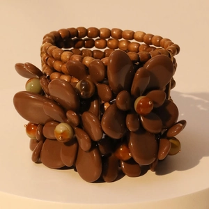 Multilayer handmade wooden bead bracelet with dark brown resin flower in boho style