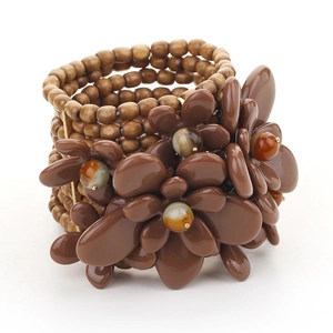 Bohemian multi-layer handmade wooden beads bracelet with brown acrylic flowers