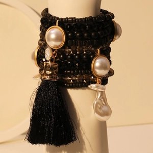 Bohemian multilayer black beaded bracelet set with white pearls and silk tassel