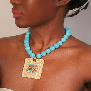 Collana Di Perline Bohemien Con Pendente Quadrato Martellato Pietra Naturale Incastonata Imitazione Turchese Per Donna Stile Vintage