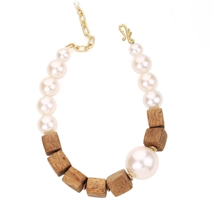 Handmade beaded necklace with white pearls and brown wooden cubes for women