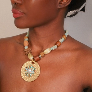 Bohemian Handmade Beaded Necklace With Alloy Hammered Round Pendant Faux Artificial Pearl And Natural Stone Wood Beads For Women