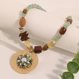 Bohemian handmade beaded necklace with wood beads, natural stones, and pearl pendant