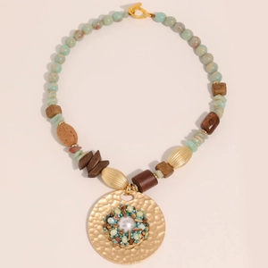 Ethnic handmade wood bead necklace with round natural stone and pearl pendant