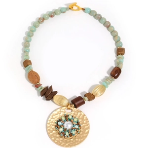 Bohemian beaded necklace with wood beads, natural stones, and a gold pearl pendant