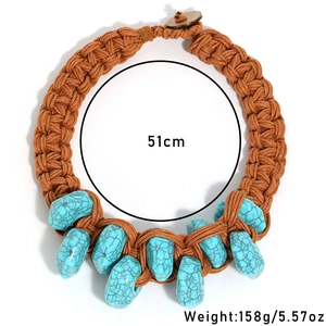Bohemian handmade woven turquoise necklace with 51cm brown cord and eight stones