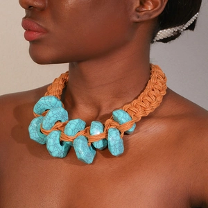 Hand Woven Faux Turquoise Statement Necklace Bohemian Ethnic Vintage Wax Rope Wood Button Jewelry For Women
