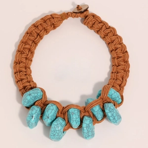 Handcrafted bohemian turquoise necklace with brown woven cord and wooden button clasp