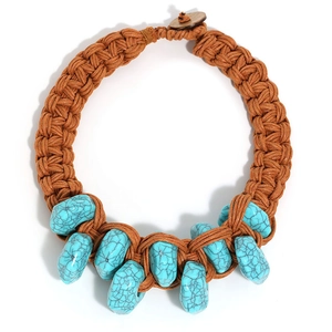 Handmade woven turquoise necklace with bohemian brown rope and wooden button closure