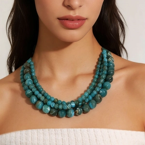 Three-layer beaded necklace set with turquoise marble texture and heart pendant