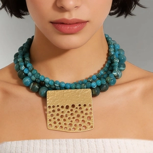 Layered blue beaded necklace set with hammered gold hollow metal pendant for summer beach style