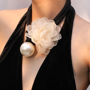 French vintage necklace with oversized cream silk flower and large pearl drop on black rope