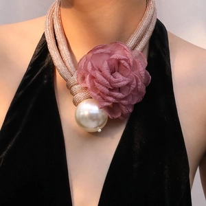 Choker with large rose fabric flower and oversized pearl on woven metallic mesh ropes
