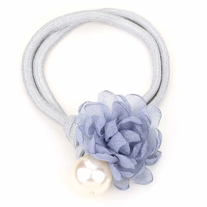 Blue fabric floral hair tie with double silver elastic bands and large white pearl accent