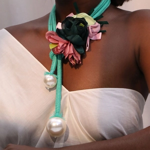 Chic fabric flower necklace with oversized pearls and mint green braided cord for women