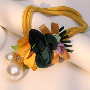 Artistic yellow woven floral choker with satin petals and large faux pearl pendants